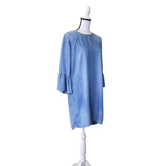 Cloth & Stone Anthropologie Chambray Dress Sz 3/4 Ruffle Sleeves Open Tie Back - Picture 10 of 16